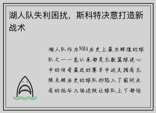 湖人队失利困扰，斯科特决意打造新战术