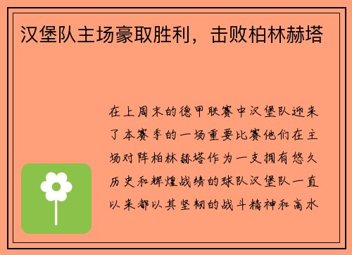 汉堡队主场豪取胜利，击败柏林赫塔